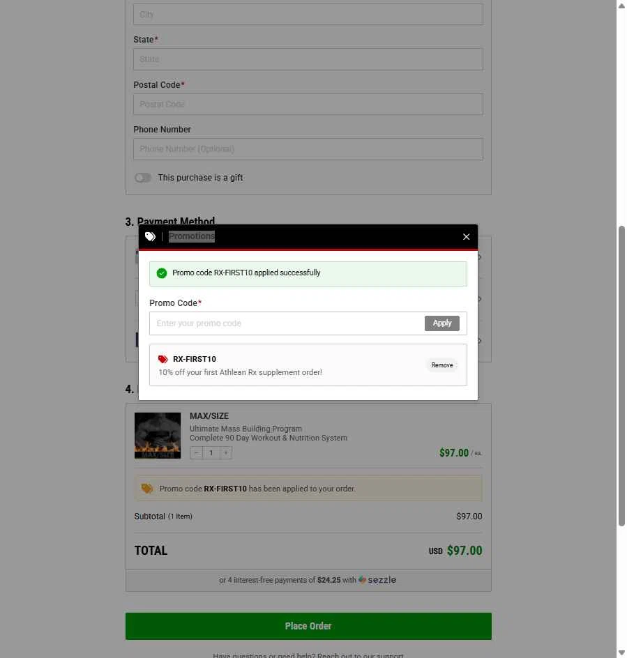 ATHLEAN-X checkout page showing ATHLEAN-X promo code box | Screenshot taken by SimplyCodes community member on Jan 2, 2026