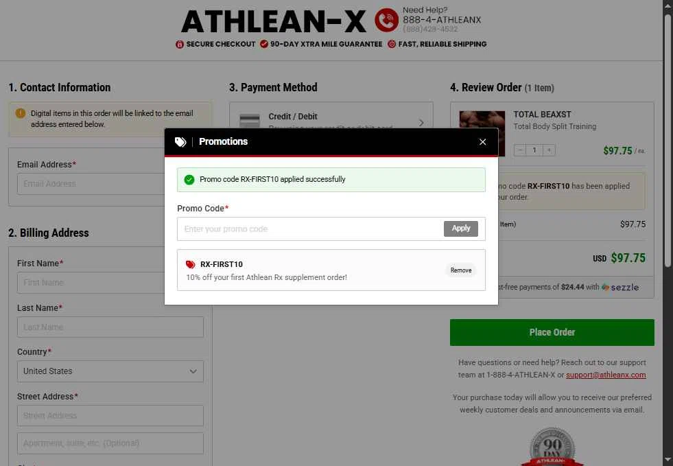 ATHLEAN-X checkout page showing ATHLEAN-X promo code box | Screenshot taken by SimplyCodes community member on Oct 17, 2025