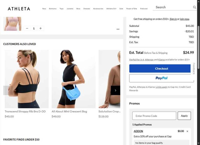 Athleta checkout page showing Athleta promo code box | Screenshot taken by SimplyCodes community member on Aug 25, 2025