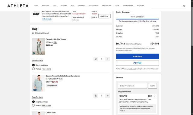 Athleta checkout page showing Athleta promo code box | Screenshot taken by SimplyCodes community member on Aug 19, 2025