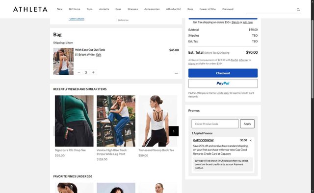Athleta checkout page showing Athleta promo code box | Screenshot taken by SimplyCodes community member on Aug 21, 2025