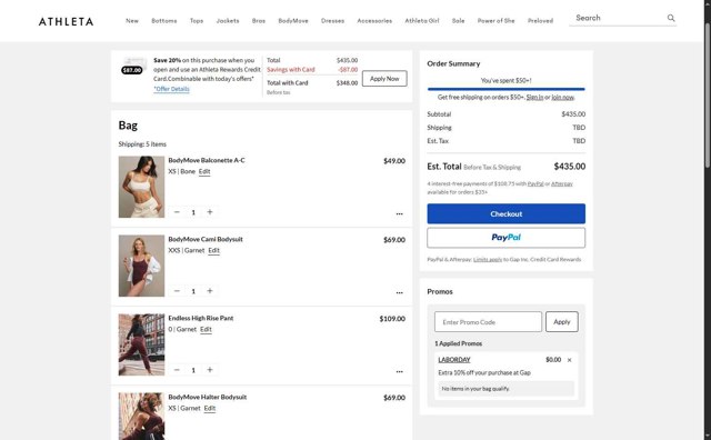 Athleta checkout page showing Athleta promo code box | Screenshot taken by SimplyCodes community member on Aug 29, 2025