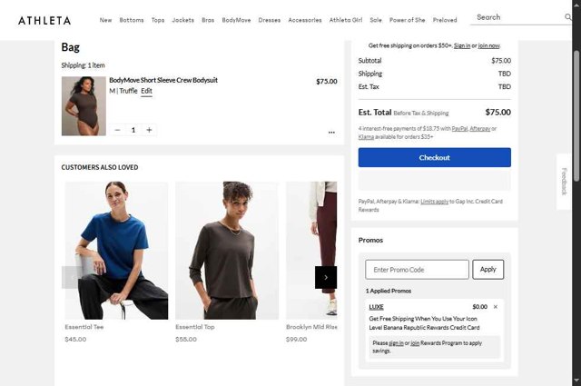 Athleta checkout page showing Athleta promo code box | Screenshot taken by SimplyCodes community member on Aug 29, 2025