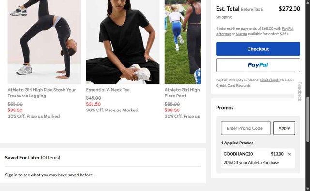Athleta checkout page showing Athleta promo code box | Screenshot taken by SimplyCodes community member on Aug 25, 2025