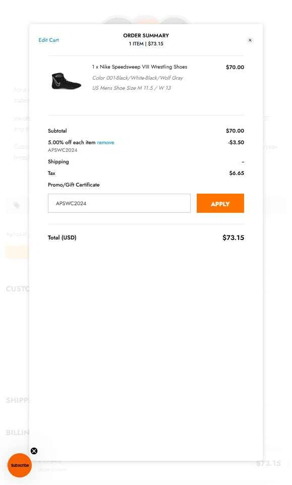 Athlete Performance Solutions checkout page showing Athlete Performance Solutions coupon code box | Screenshot taken by SimplyCodes community member on Oct 6, 2025