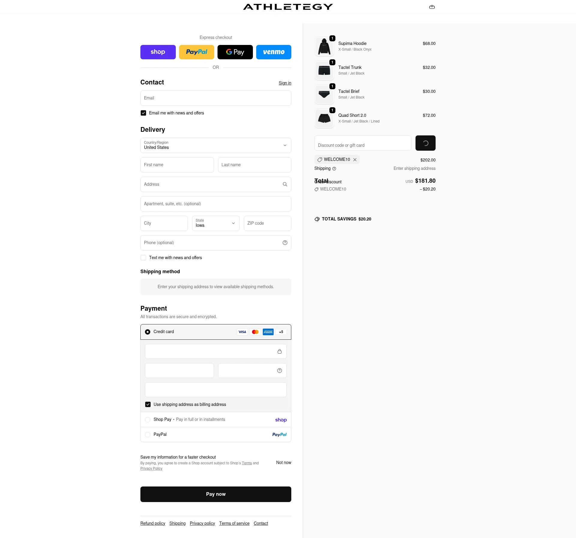 Athletegy checkout page showing Athletegy discount code box | Screenshot taken by SimplyCodes community member on Feb 14, 2026