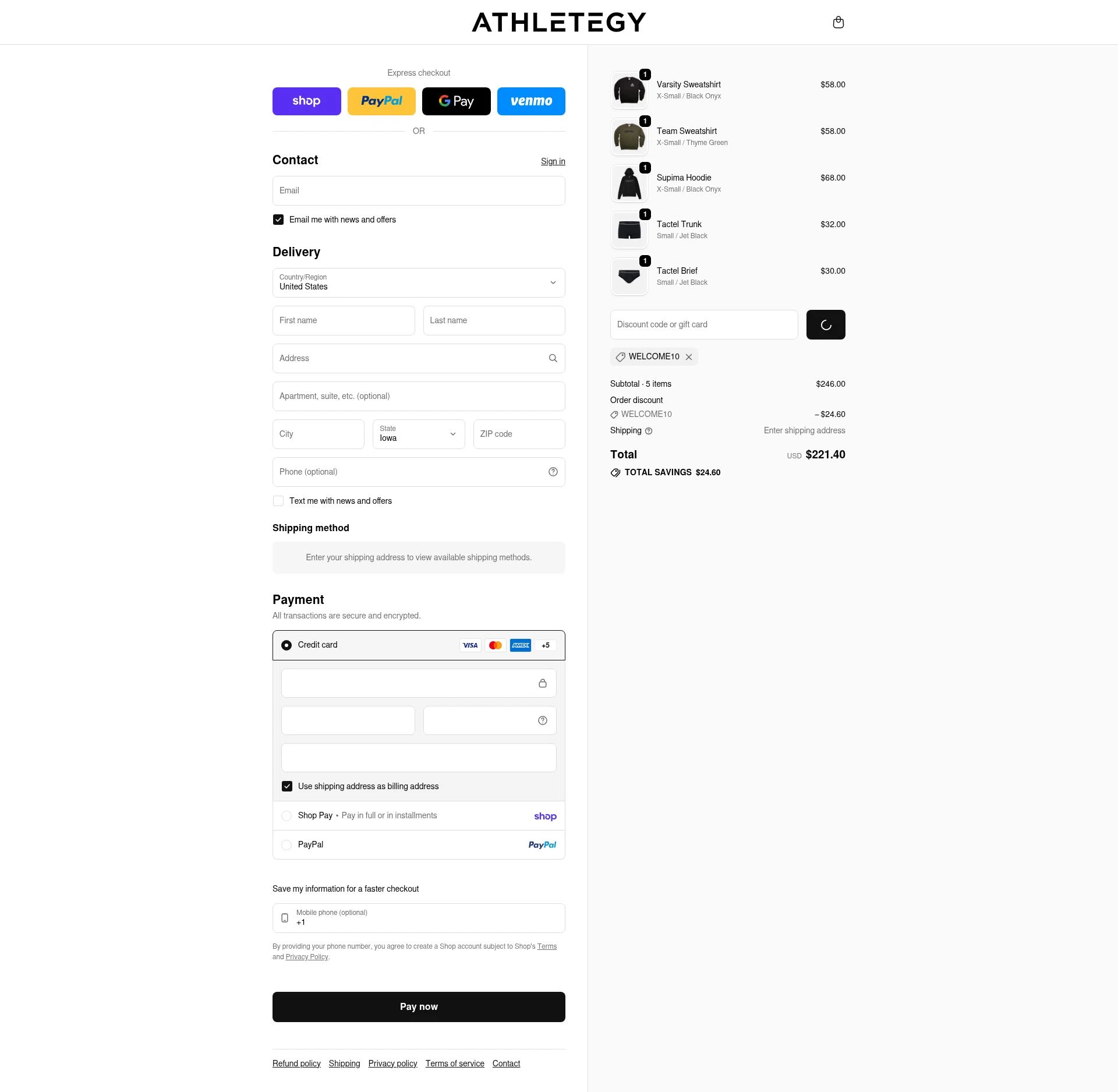 Athletegy checkout page showing Athletegy discount code box | Screenshot taken by SimplyCodes community member on Feb 18, 2026