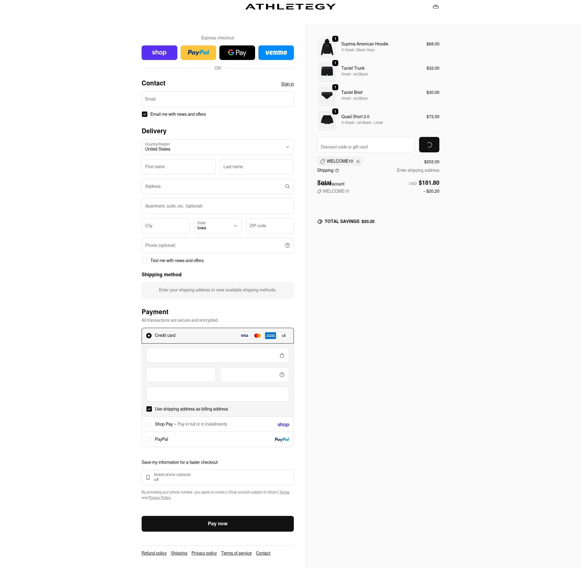 Athletegy checkout page showing Athletegy discount code box | Screenshot taken by SimplyCodes community member on Feb 1, 2026