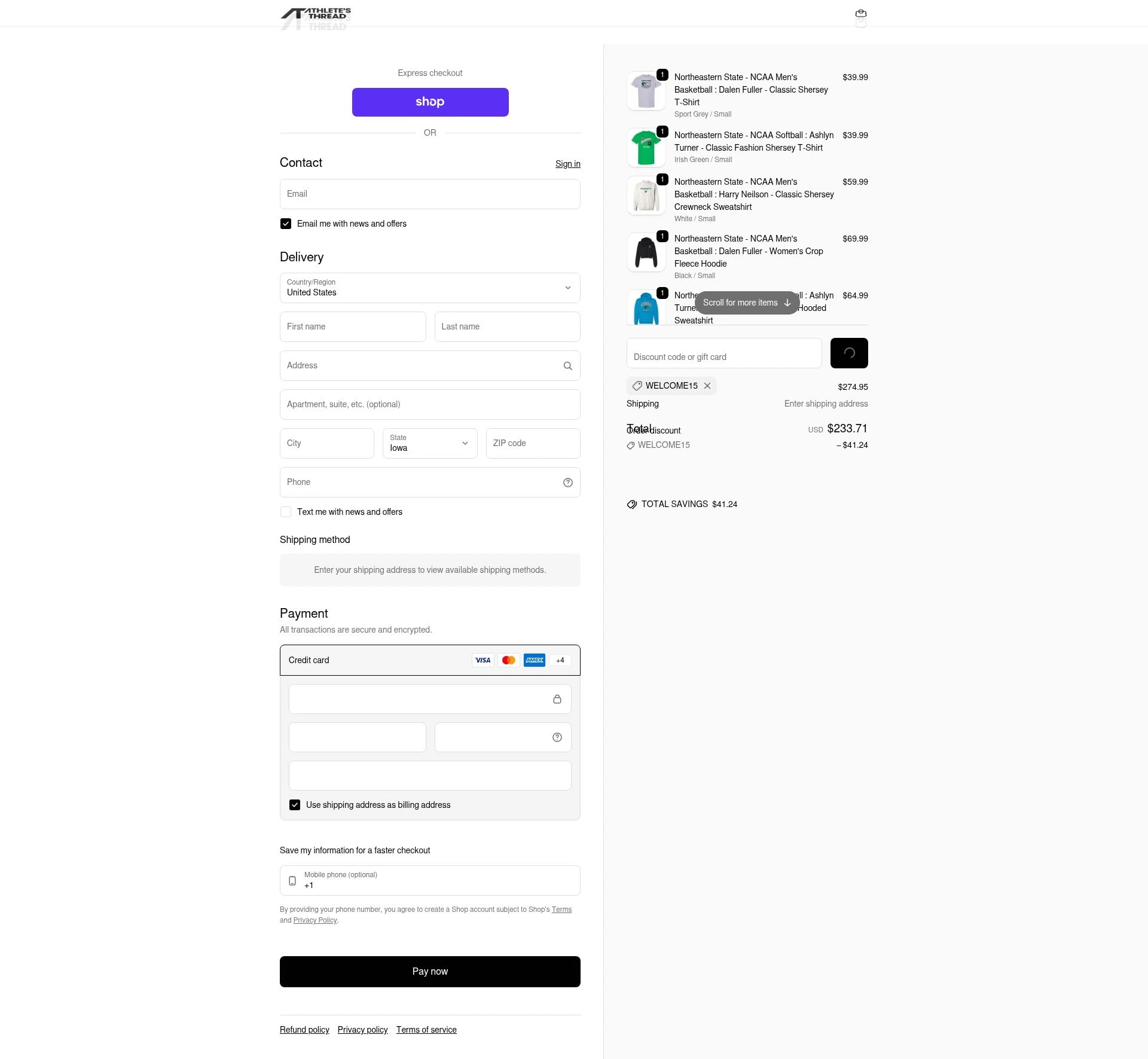 Athlete's Thread checkout page showing Athlete's Thread discount code box | Screenshot taken by SimplyCodes community member on Feb 7, 2026