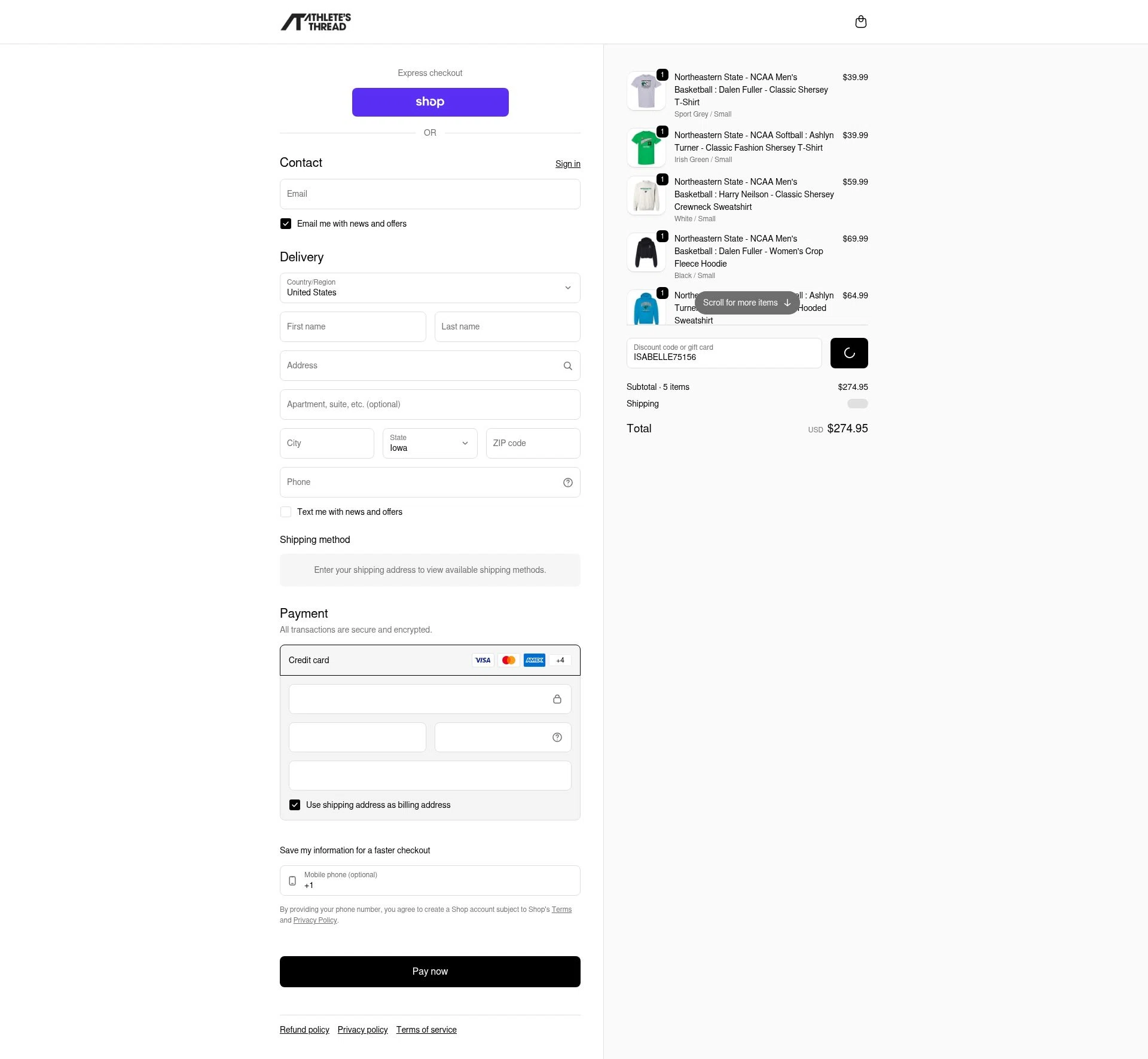 Athlete's Thread checkout page showing Athlete's Thread discount code box | Screenshot taken by SimplyCodes community member on Feb 7, 2026