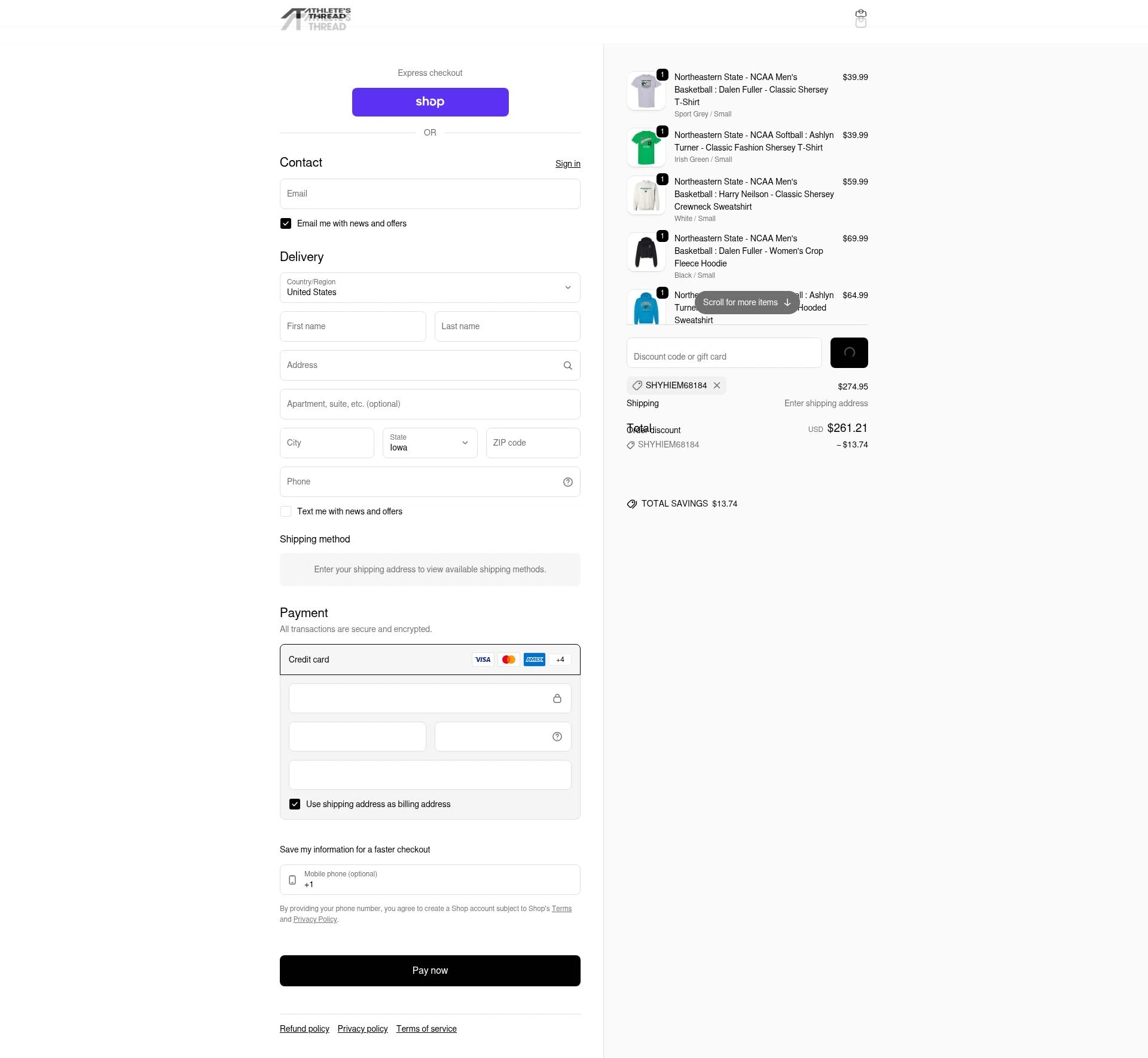 Athlete's Thread checkout page showing Athlete's Thread discount code box | Screenshot taken by SimplyCodes community member on Feb 7, 2026
