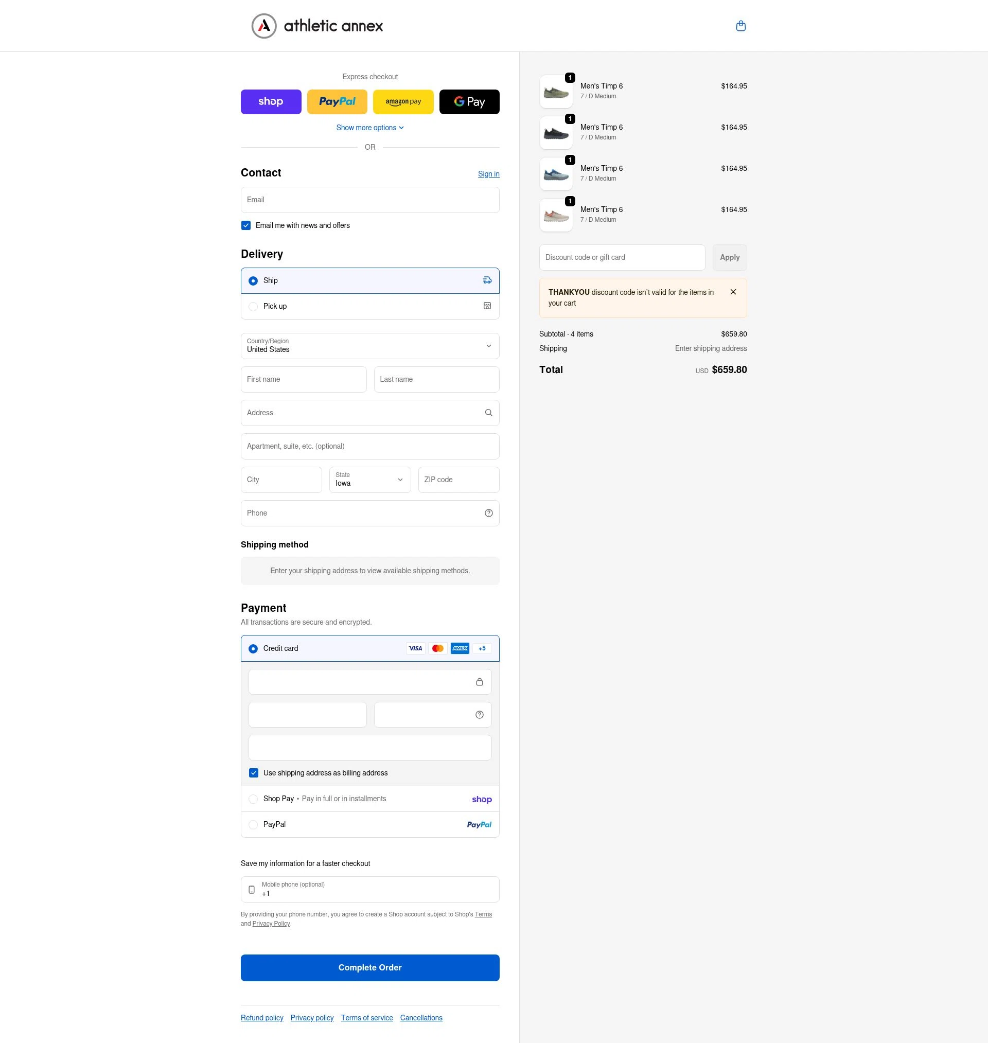 Athletic Annex checkout page showing Athletic Annex discount code box | Screenshot taken by SimplyCodes community member on Feb 8, 2026