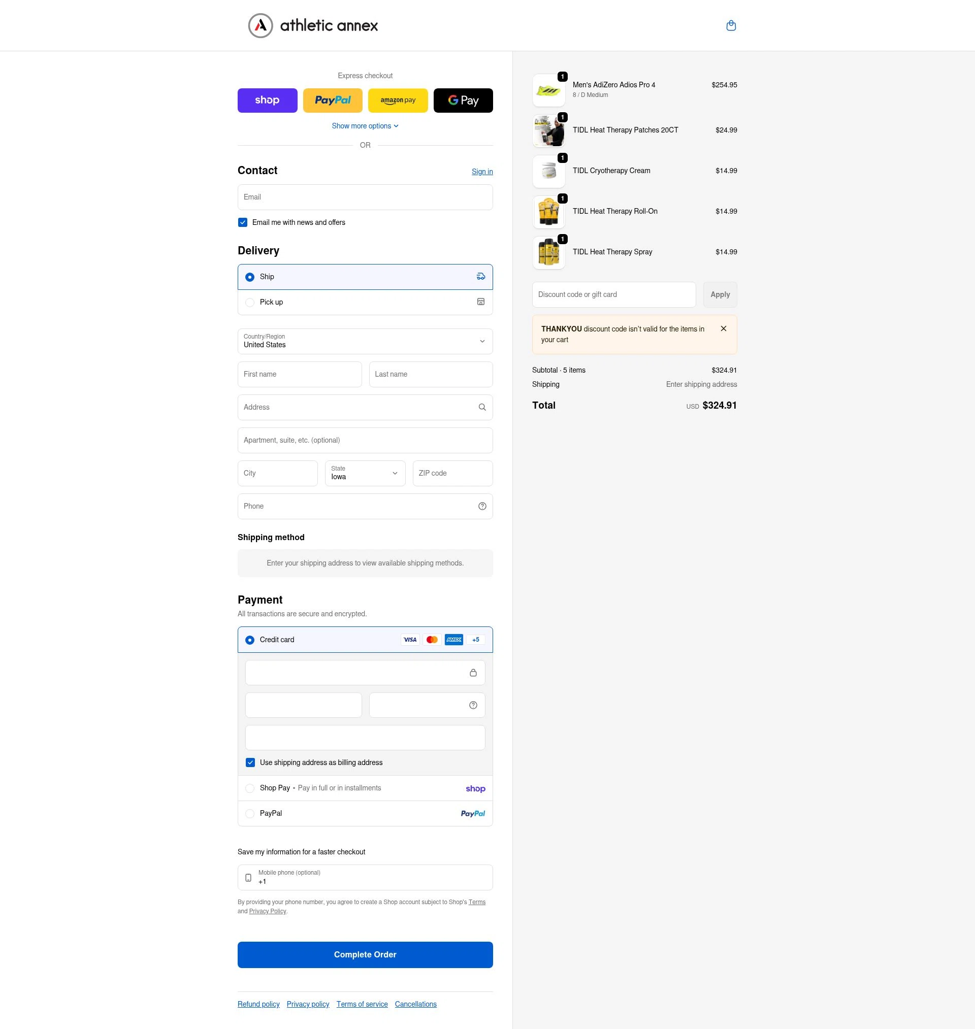 Athletic Annex checkout page showing Athletic Annex discount code box | Screenshot taken by SimplyCodes community member on Jan 30, 2026