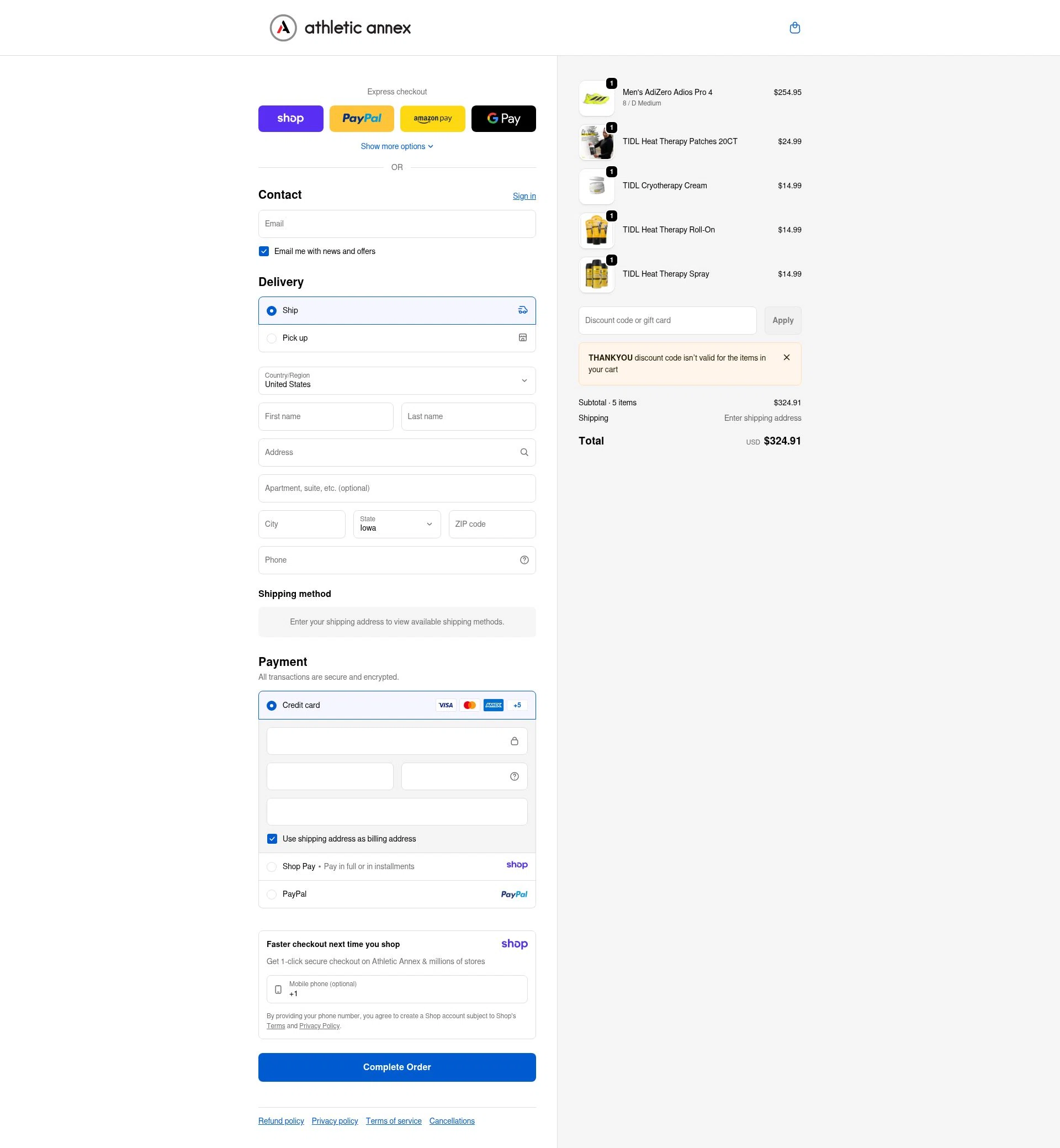 Athletic Annex checkout page showing Athletic Annex discount code box | Screenshot taken by SimplyCodes community member on Jan 16, 2026