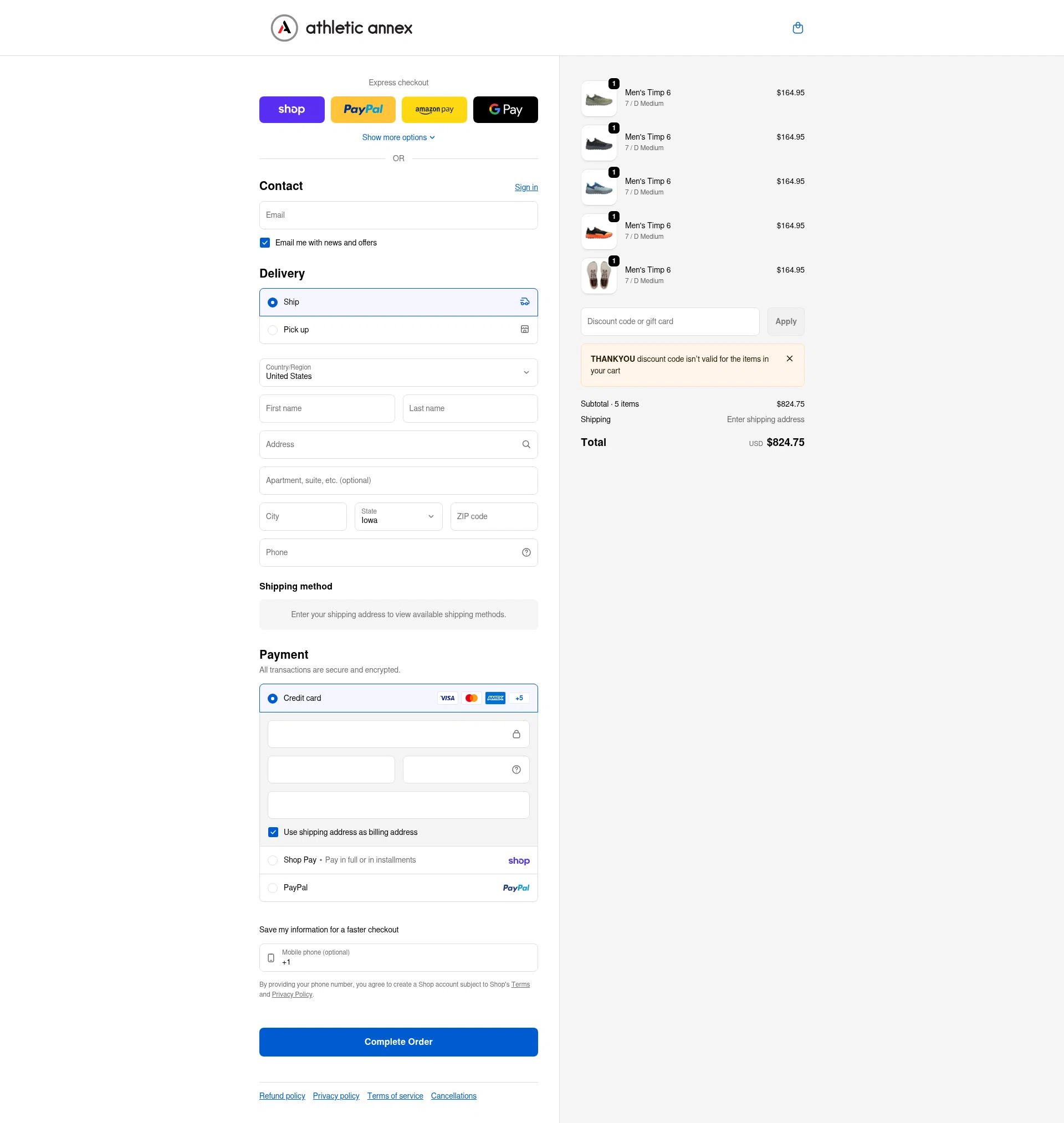 Athletic Annex checkout page showing Athletic Annex discount code box | Screenshot taken by SimplyCodes community member on Feb 4, 2026