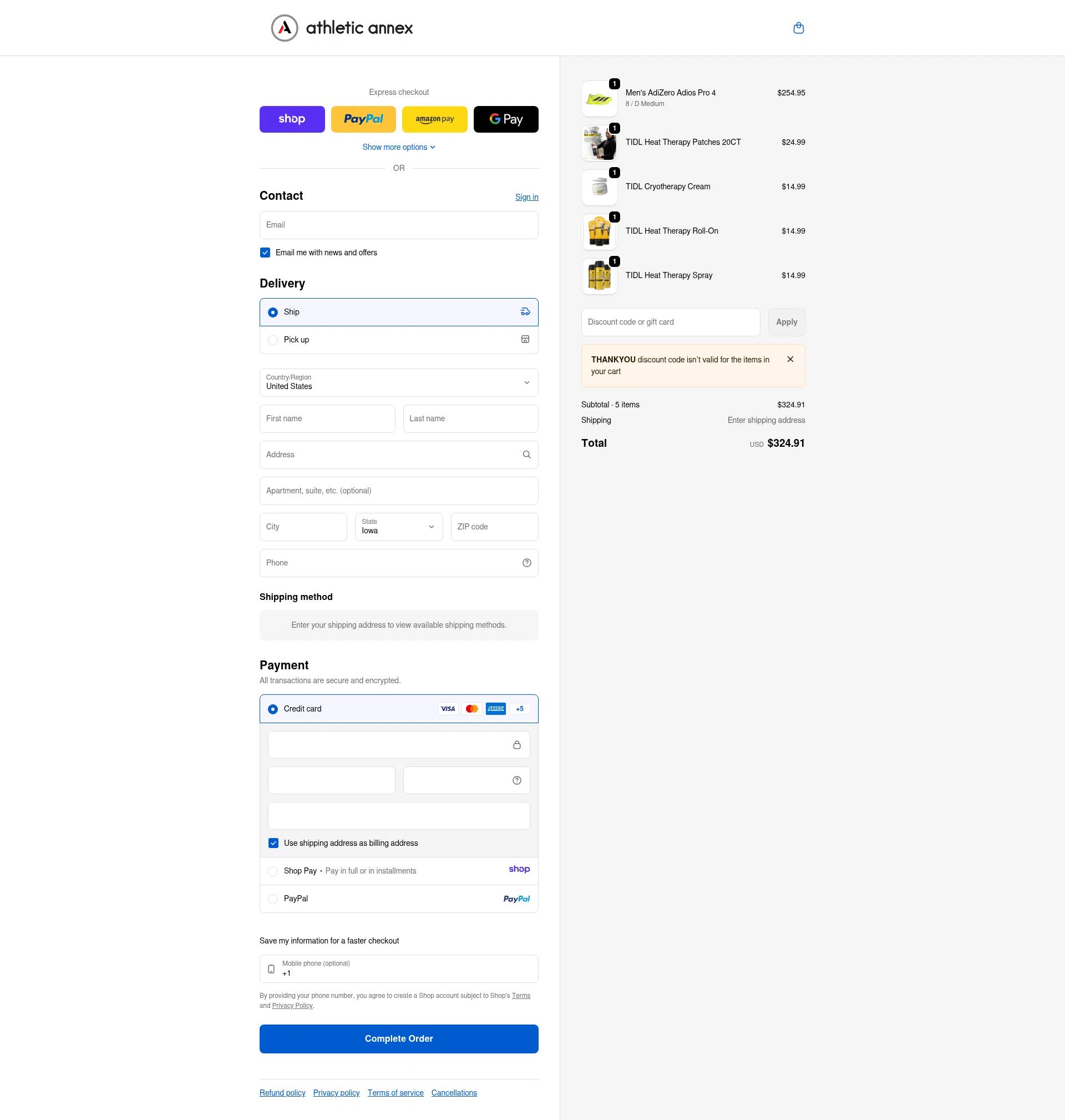 Athletic Annex checkout page showing Athletic Annex discount code box | Screenshot taken by SimplyCodes community member on Jan 11, 2026