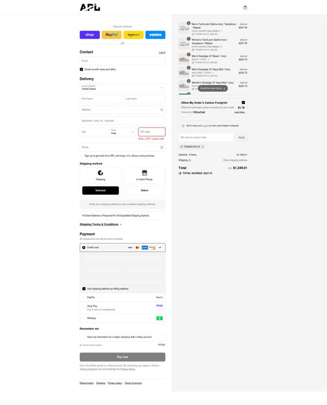 Athletic Propulsion Labs checkout page showing Athletic Propulsion Labs promo code box | Screenshot taken by SimplyCodes community member on Sep 6, 2025