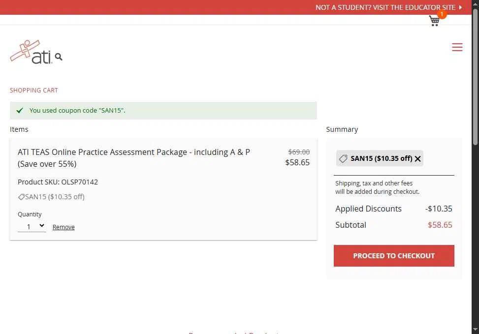 ATI Testing checkout page showing ATI Testing coupon code box | Screenshot taken by SimplyCodes community member on Jan 14, 2026