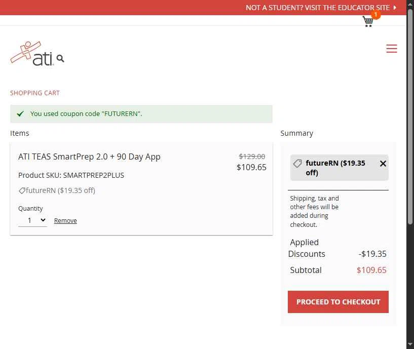 ATI Testing checkout page showing ATI Testing coupon code box | Screenshot taken by SimplyCodes community member on Jan 24, 2026