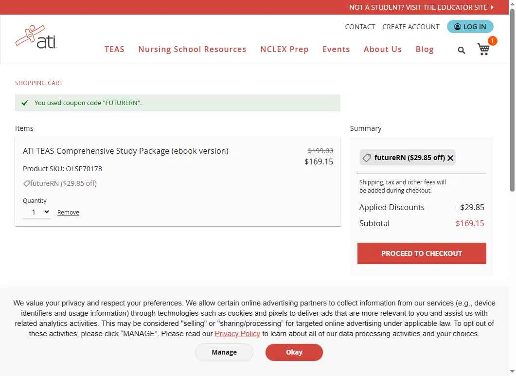 ATI Testing checkout page showing ATI Testing coupon code box | Screenshot taken by SimplyCodes community member on Feb 3, 2026