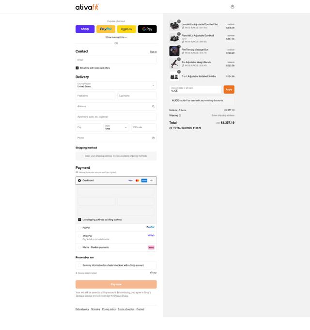 Ativafit checkout page showing Ativafit promo code box | Screenshot taken by SimplyCodes community member on Sep 10, 2025