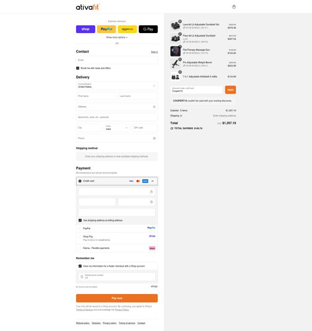 Ativafit checkout page showing Ativafit promo code box | Screenshot taken by SimplyCodes community member on Sep 10, 2025