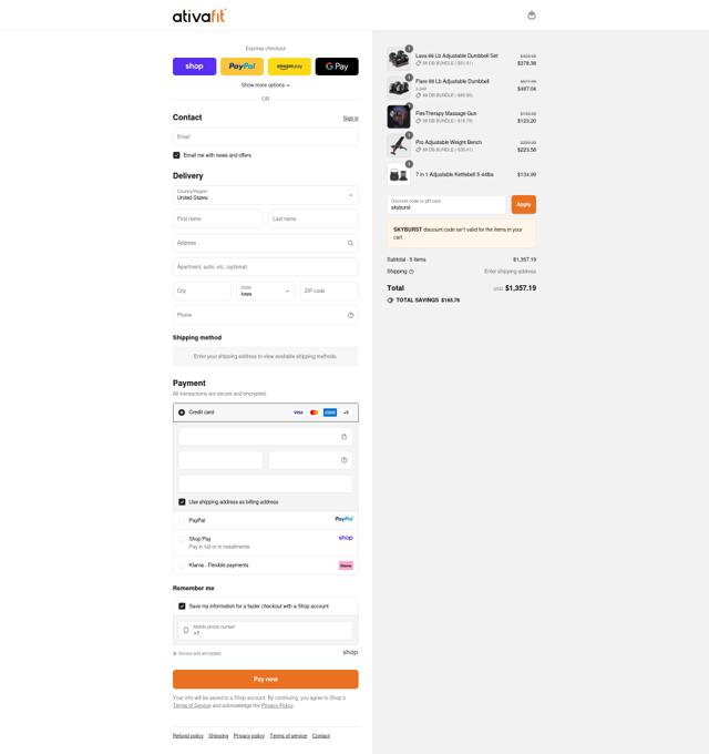Ativafit checkout page showing Ativafit promo code box | Screenshot taken by SimplyCodes community member on Sep 10, 2025