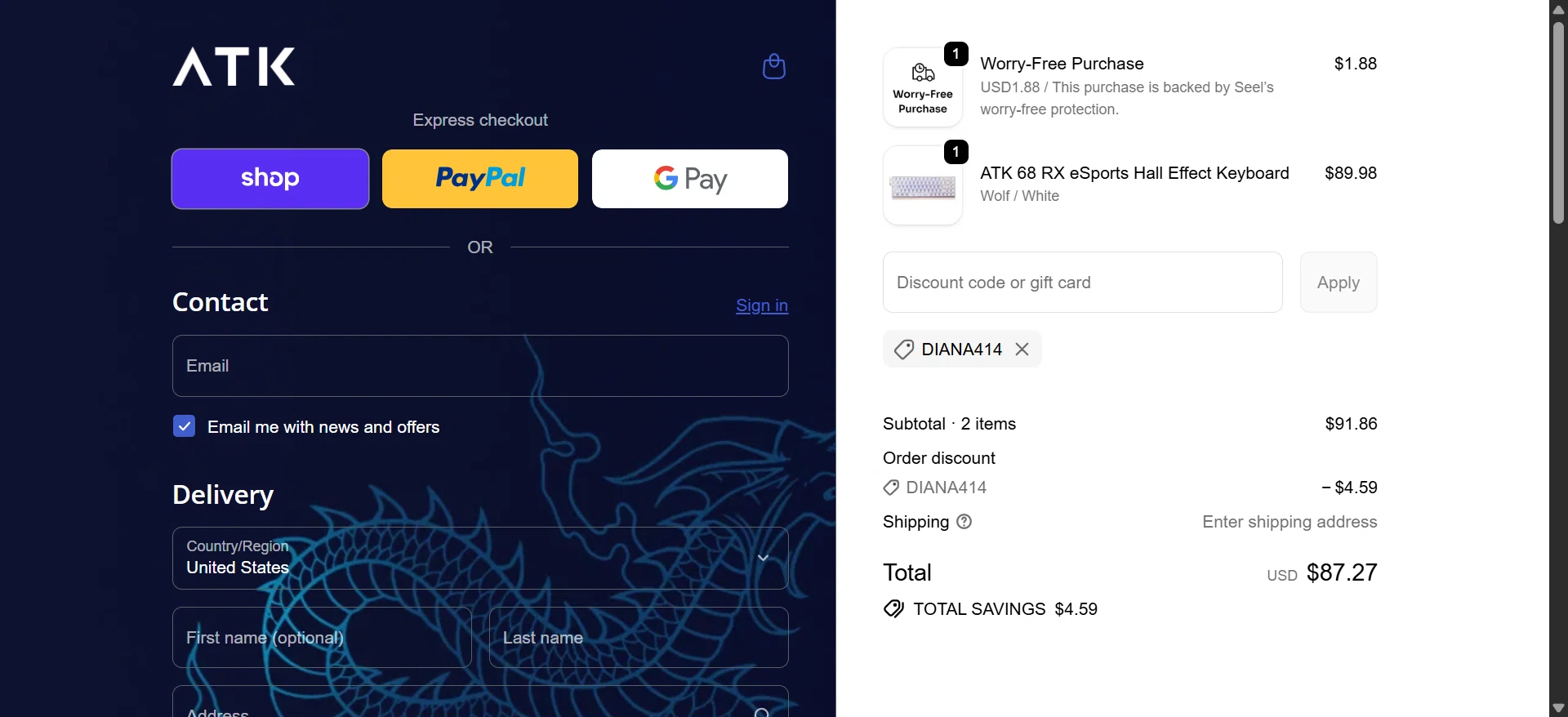 ATK Gaming Gear promo code screenshot showing code DIANA414 applied at ATK Gaming Gear checkout page. Uploaded by SimplyCodes community member ThriftyTitan578 on Jun 4, 2026