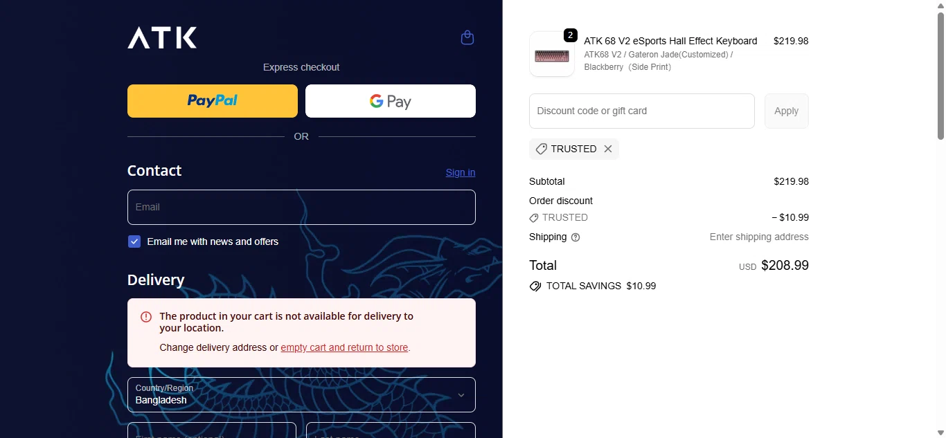 ATK Gaming Gear promo code screenshot showing code TRUSTED applied at ATK Gaming Gear checkout page. Uploaded by SimplyCodes community member MathewsAlex on Jun 9, 2026