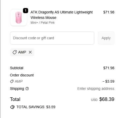 ATK Gaming Gear promo code screenshot showing code Amp applied at ATK Gaming Gear checkout page. Uploaded by SimplyCodes community member maryjose on Jun 3, 2026