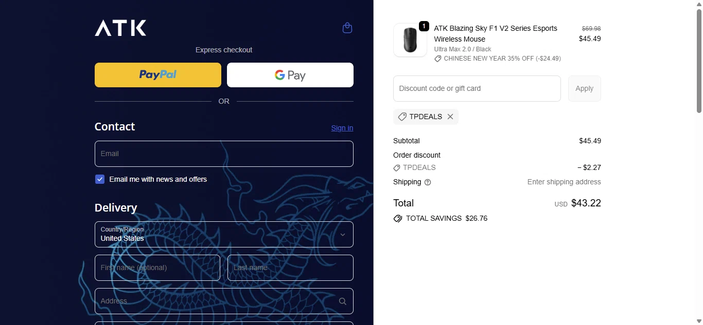 ATK Gaming Gear discount code screenshot showing code TPDEALS applied at ATK Gaming Gear checkout page. Uploaded by SimplyCodes community member GloriousHero3972 on Feb 13, 2026