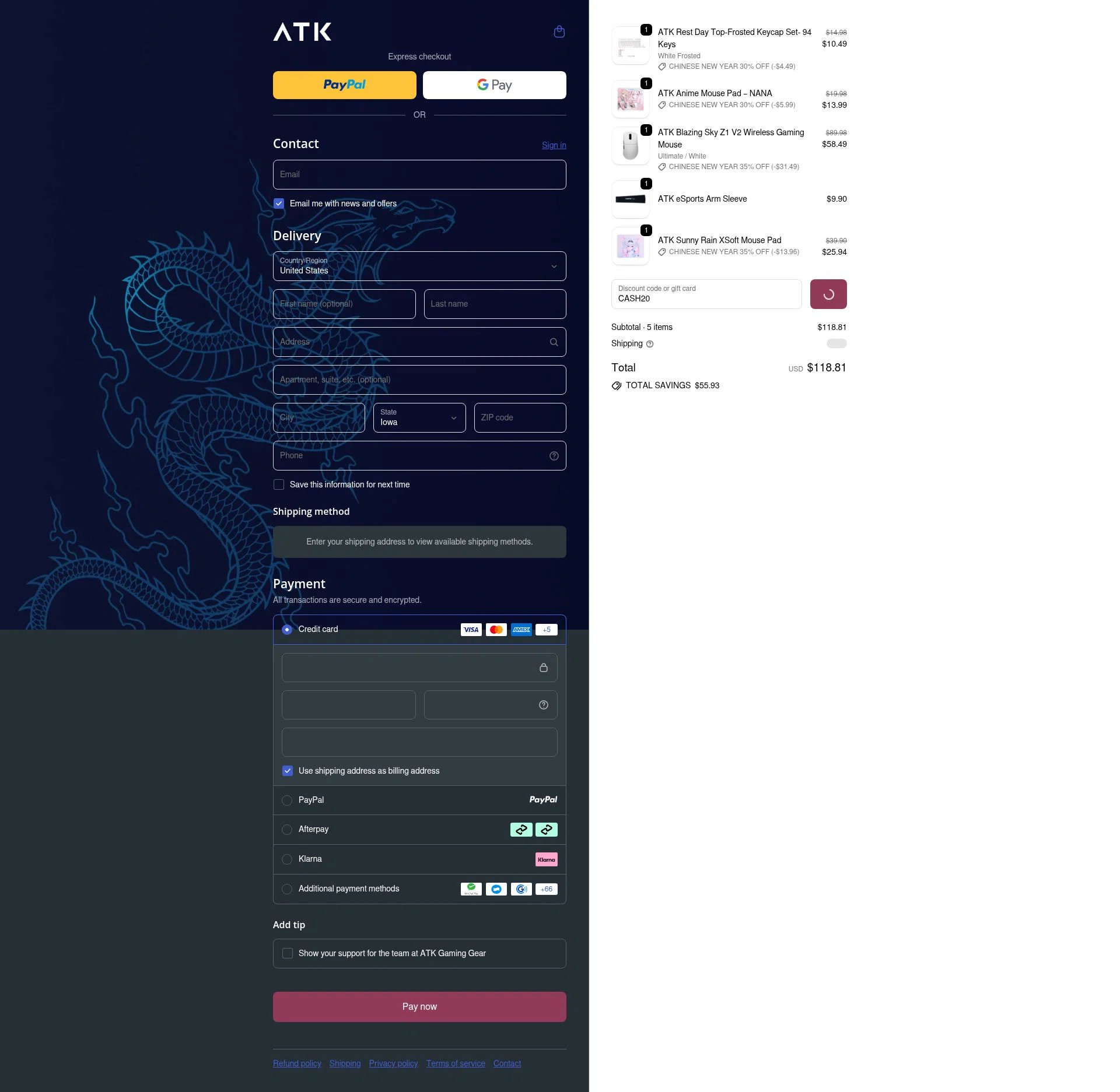 ATK Gaming Gear checkout page showing ATK Gaming Gear discount code box | Screenshot taken by SimplyCodes community member on Feb 12, 2026