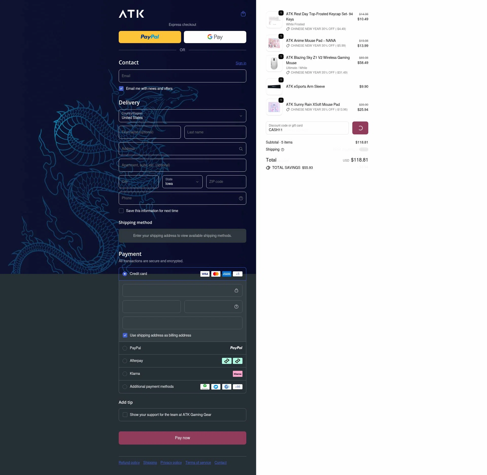 ATK Gaming Gear checkout page showing ATK Gaming Gear discount code box | Screenshot taken by SimplyCodes community member on Feb 12, 2026