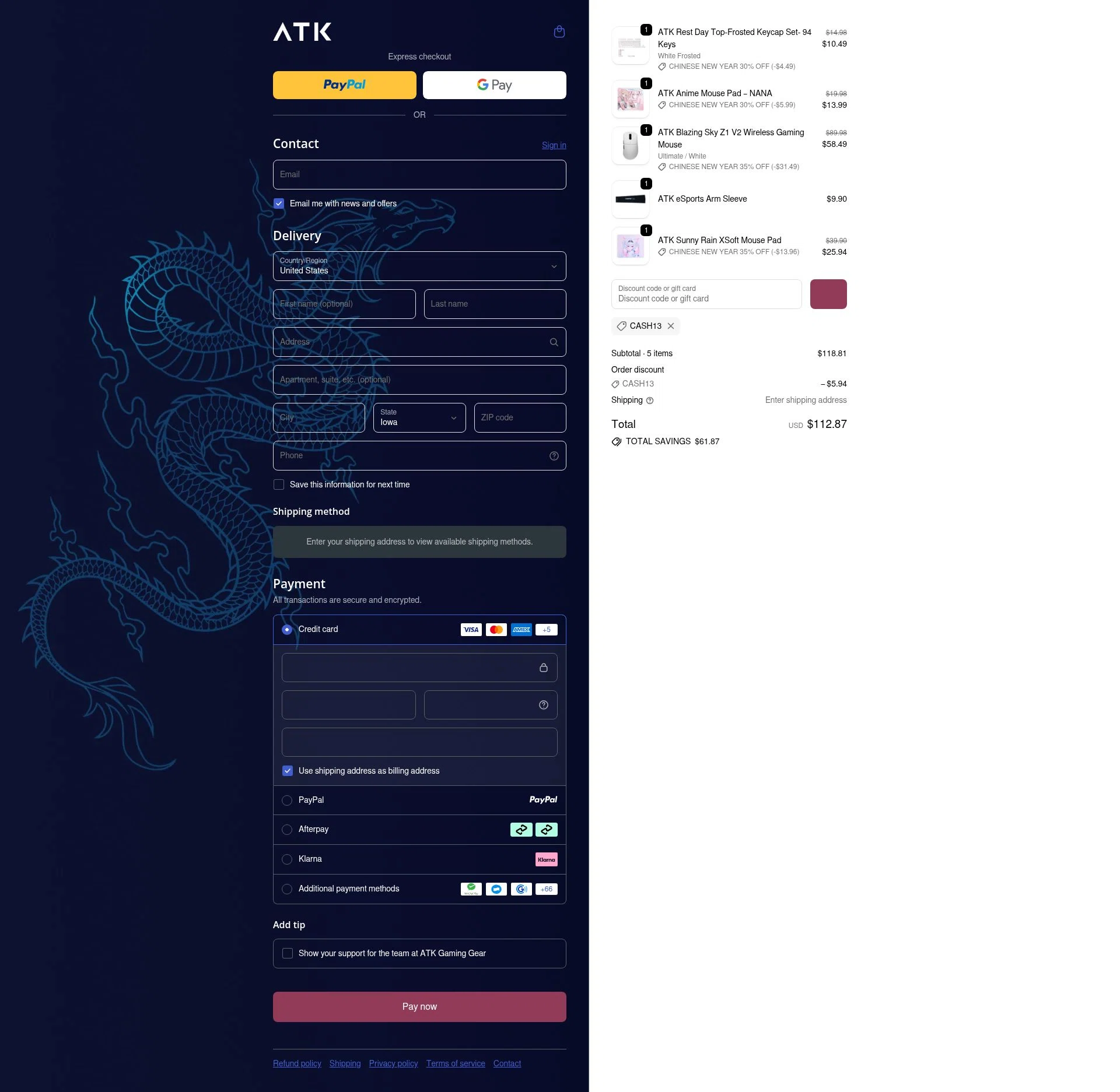 ATK Gaming Gear checkout page showing ATK Gaming Gear discount code box | Screenshot taken by SimplyCodes community member on Feb 12, 2026