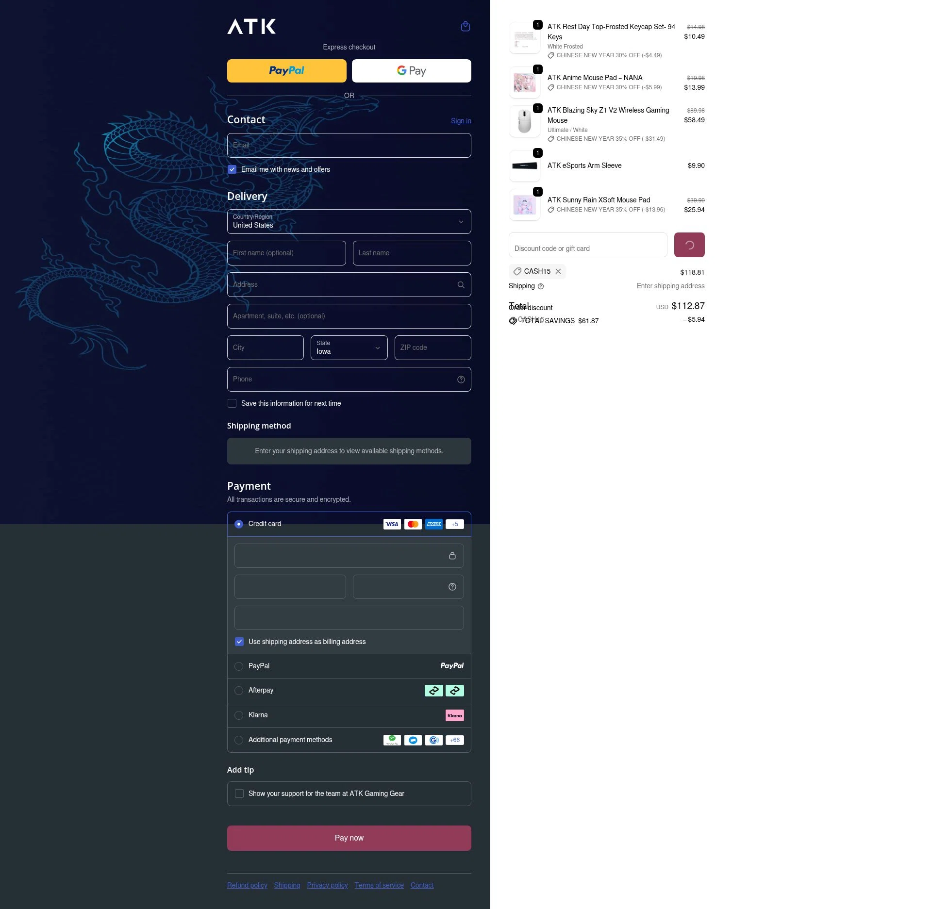 ATK Gaming Gear checkout page showing ATK Gaming Gear discount code box | Screenshot taken by SimplyCodes community member on Feb 12, 2026