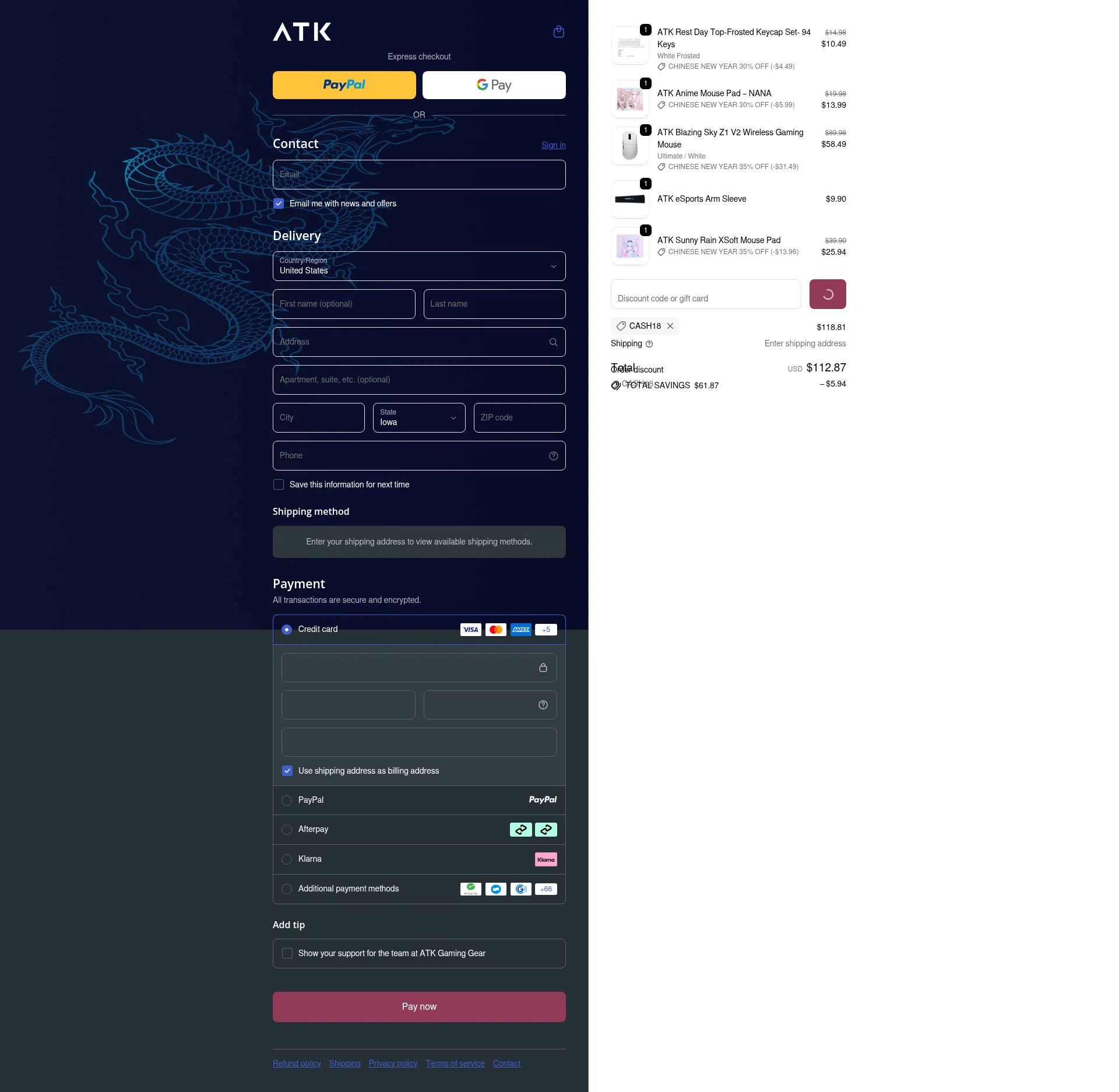 ATK Gaming Gear checkout page showing ATK Gaming Gear discount code box | Screenshot taken by SimplyCodes community member on Feb 12, 2026