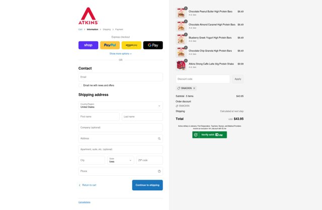 Atkins checkout page showing Atkins promo code box | Screenshot taken by SimplyCodes community member on Sep 4, 2025