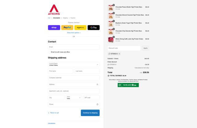 Atkins checkout page showing Atkins promo code box | Screenshot taken by SimplyCodes community member on Sep 4, 2025