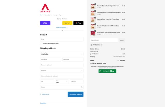 Atkins checkout page showing Atkins promo code box | Screenshot taken by SimplyCodes community member on Sep 4, 2025