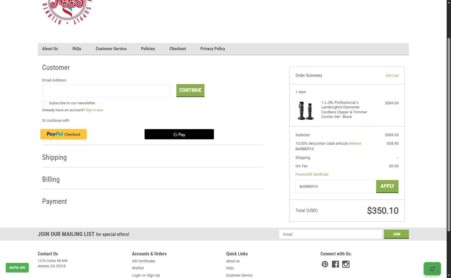 Atlanta Barber checkout page showing Atlanta Barber promo code box | Screenshot taken by SimplyCodes community member on Sep 17, 2025