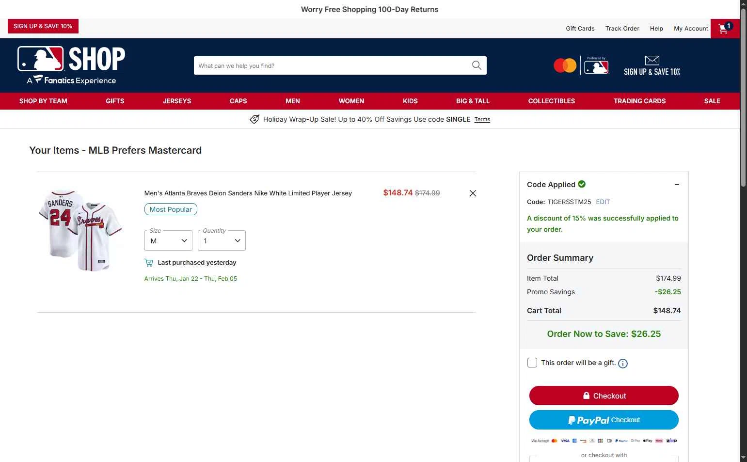 Atlanta Braves checkout page showing Atlanta Braves promo code box | Screenshot taken by SimplyCodes community member on Dec 26, 2025