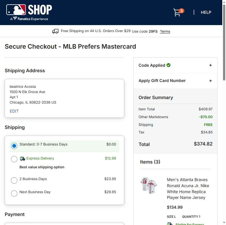 Atlanta Braves checkout page showing Atlanta Braves promo code box | Screenshot taken by SimplyCodes community member on Jan 19, 2026