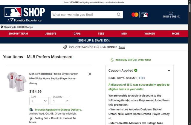 Atlanta Braves checkout page showing Atlanta Braves promo code box | Screenshot taken by SimplyCodes community member on Oct 5, 2025