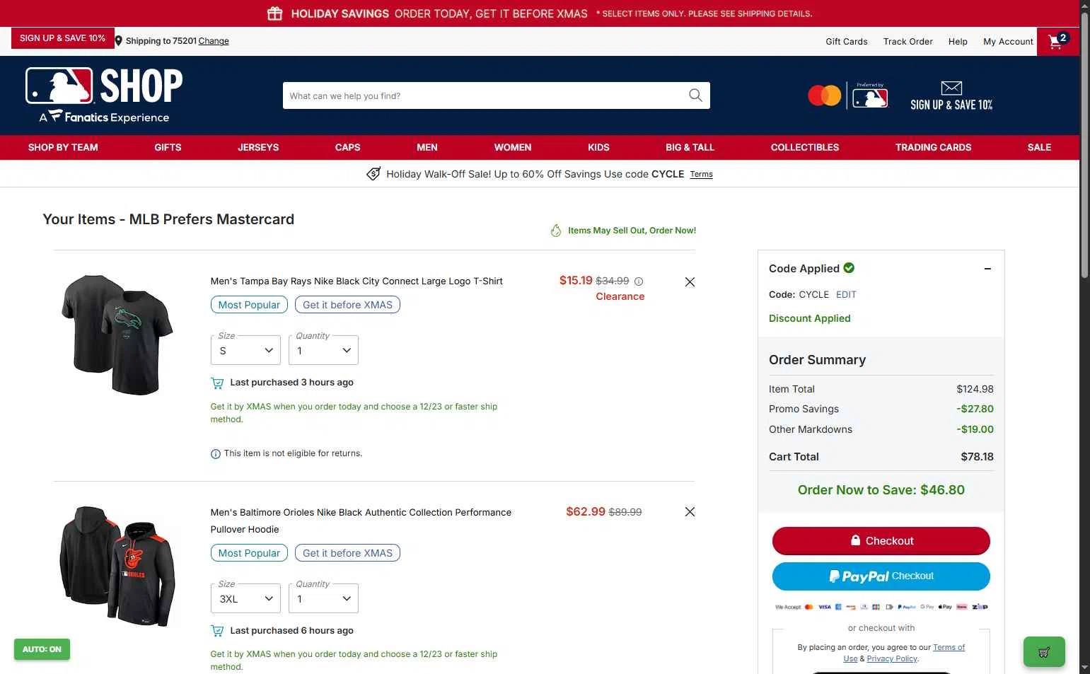 Atlanta Braves checkout page showing Atlanta Braves promo code box | Screenshot taken by SimplyCodes community member on Dec 19, 2025
