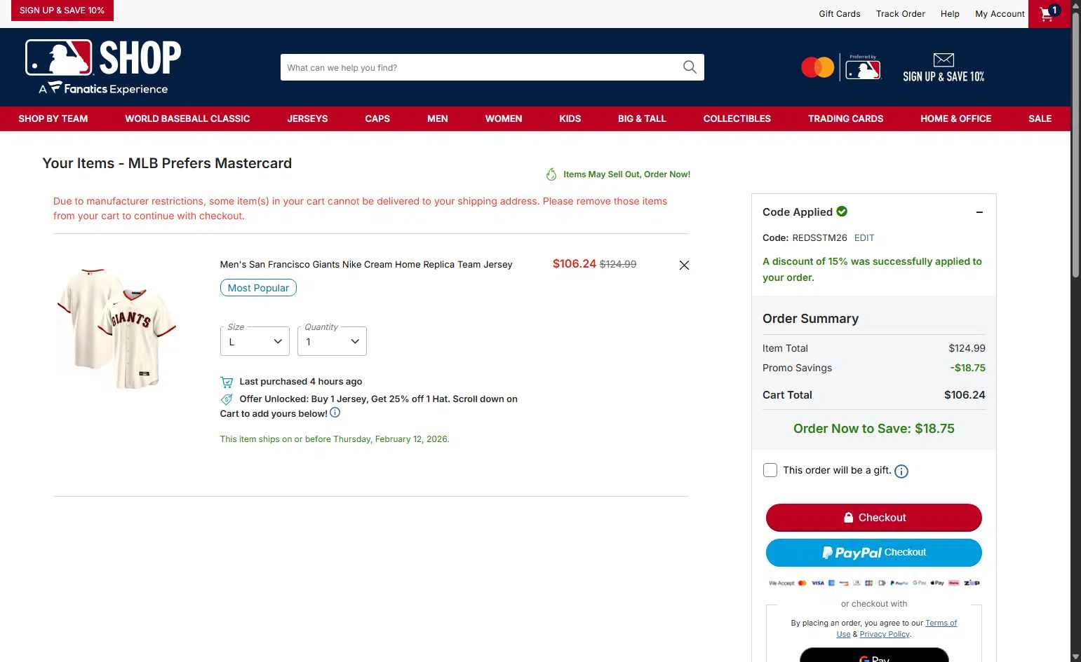 Atlanta Braves checkout page showing Atlanta Braves promo code box | Screenshot taken by SimplyCodes community member on Feb 12, 2026