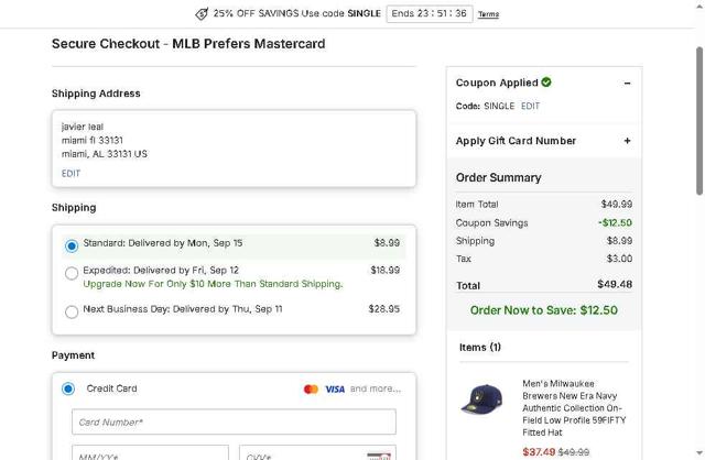 Atlanta Braves checkout page showing Atlanta Braves promo code box | Screenshot taken by SimplyCodes community member on Sep 10, 2025