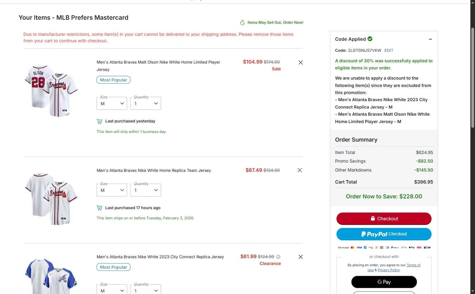 Atlanta Braves checkout page showing Atlanta Braves promo code box | Screenshot taken by SimplyCodes community member on Feb 2, 2026