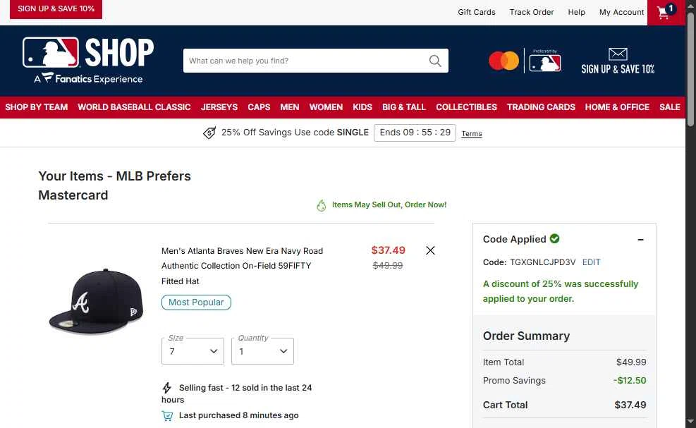 Atlanta Braves checkout page showing Atlanta Braves promo code box | Screenshot taken by SimplyCodes community member on Jan 16, 2026