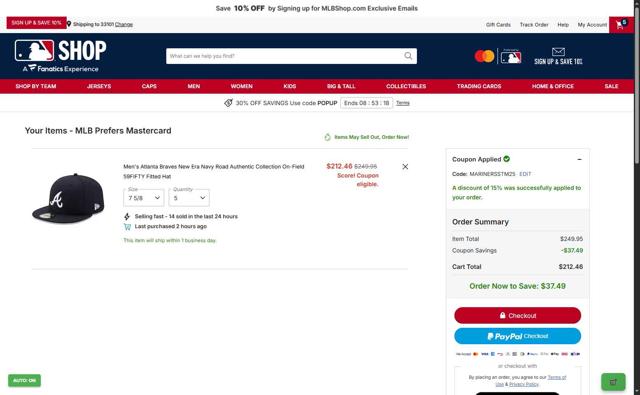 Atlanta Braves checkout page showing Atlanta Braves promo code box | Screenshot taken by SimplyCodes community member on Oct 3, 2025