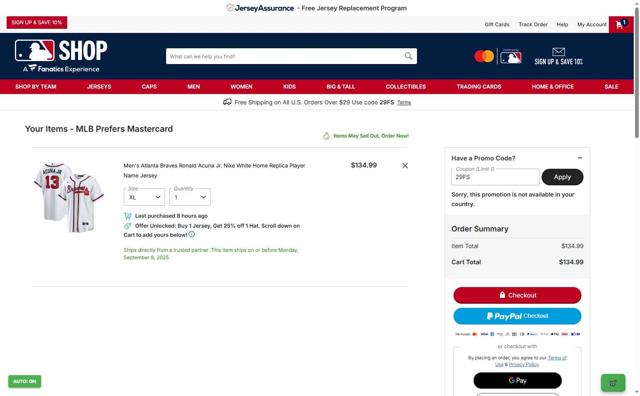 Atlanta Braves checkout page showing Atlanta Braves promo code box | Screenshot taken by SimplyCodes community member on Sep 8, 2025